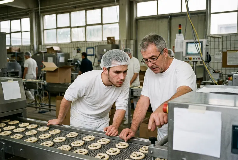 Apprenti et opérateur sur une ligne de production de bretzels dans une usine agroalimentaire
