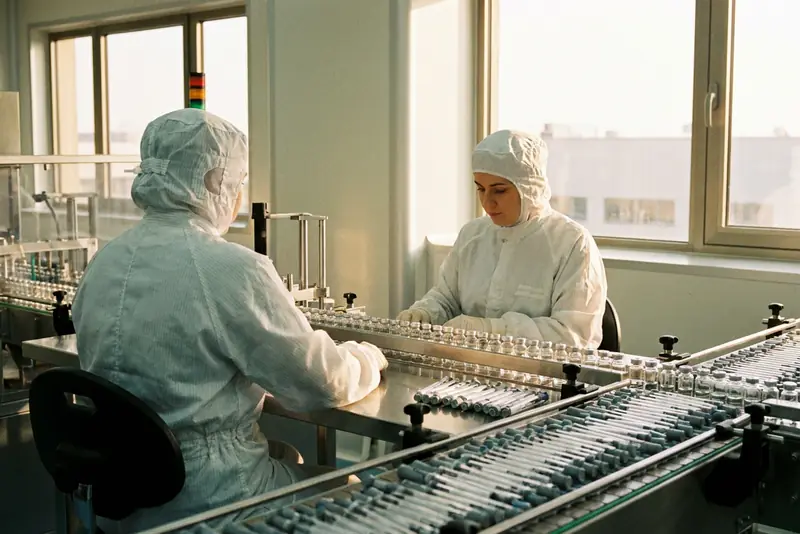 Deux techniciennes de dos en salle blanche, devant une ligne de remplissage de stylos injecteurs.