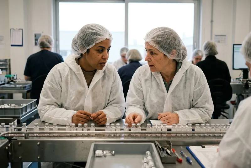 Deux techniciennes en tenue de salle blanche contrôlant la qualité sur une ligne pharmaceutique